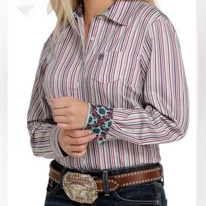 NWT Cinch Tencel Women's Striped Button-Up Shirt - Red, Blue, White